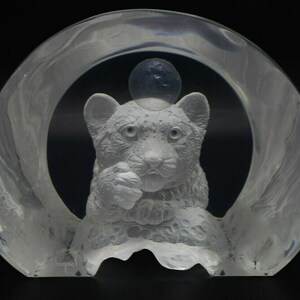 Puede incluir: Un pisapapeles de vidrio transparente con un cachorro de leopardo de las nieves blanco esculpido con un pequeño orbe de vidrio transparente en la cabeza.
