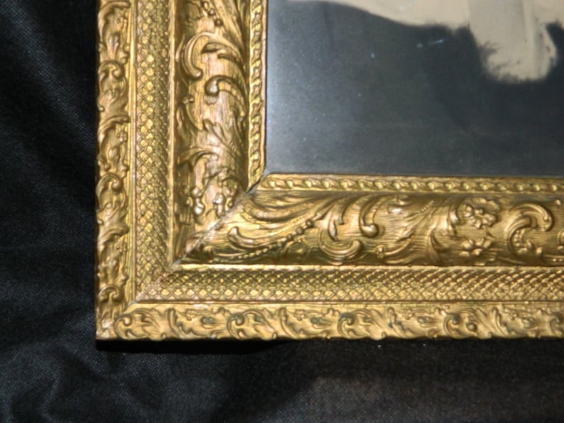 Antique Black White Baby Child Charcoal Drawing Picture Gold Gilded Gesso Frame