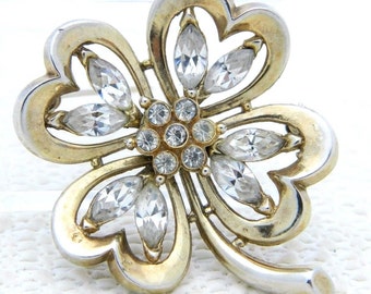 Vintage TRIFARI PAT PEND Alfred Philippe Clear Rhinestone Clover Leaf Pin Brooch