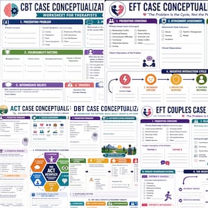 Może przedstawiać: Zbi&oacute;r arkuszy terapeutycznych zawierających formularze konceptualizacji przypadk&oacute;w CBT, EFT, ACT i DBT. Każdy dokument zawiera ustrukturyzowane sekcje, pola wyboru i diagramy służące do oceny klinicznej, śledzenia objaw&oacute;w i planowania terapii.