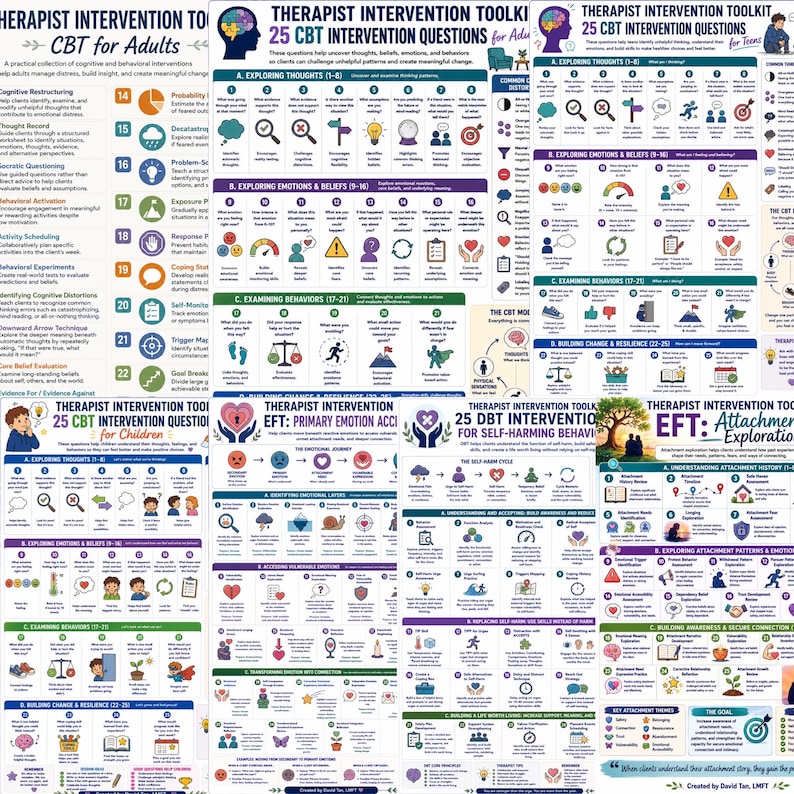 Może przedstawiać: Kolekcja sześciu plakat&oacute;w edukacyjnych zatytułowanych Therapist Intervention Toolkit, zawierających ramy CBT, DBT i EFT. Każdy plakat zawiera numerowane pytania interwencyjne, kolorowe ikony i diagramy wspierające procesy.