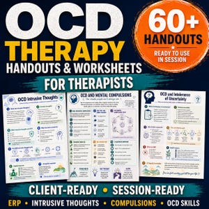 May include: A collection of 60+ OCD therapy handouts and worksheets for therapists, featuring three distinct informational pages titled OCD Intrusive Thoughts, OCD and Mental Compulsions, and OCD and Intolerance of Uncertainty with text and icons.