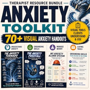 Klientfokuserad terapi med arbetsblad för ångest och oro, infografik, resurser, paket för terapeuter + psykoedukation för klienter.