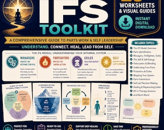 May include: A digital toolkit titled The Introductory IFS Toolkit, featuring 25+ worksheets and visual guides for parts work and self-leadership. The graphic includes diagrams of the IFS model, manager, firefighter, and exile parts, plus a four-step unblending process, all set against a dark blue background with gold accents.