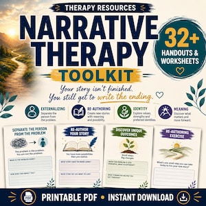 Pode incluir: Um kit de recursos de terapia digital intitulado Narrative Therapy Toolkit com mais de 32 folhetos e planilhas. O gráfico inclui quatro páginas de exemplo sobre externalização, reautoria, identidade e significado, com uma ilustração de caminho.