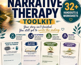 Narrative Therapy Therapy Post Modern Client Handout Worksheets infographic Resource bundle for Therapists + Psychoeducation for Clients.