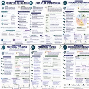Może przedstawiać: Zbi&oacute;r sześciu arkuszy interwencyjnych CBT zawierających szczeg&oacute;łowe teksty, diagramy i wykresy do użytku terapeutycznego. Każda strona zawiera ustrukturyzowane sekcje dotyczące identyfikacji zasad, przekonań podstawowych, odpowiedzialności, technik kontinuum, testowania przewidywań oraz zachowań zabezpieczających.