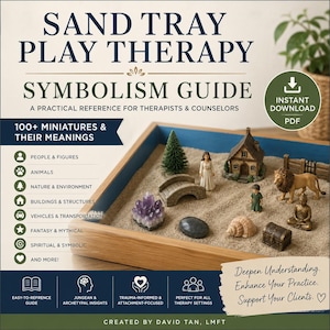 Sandbricka, lekterapi, symbolikguide och nedladdningsbar utskrivbar bok, miniatyrer, betydelser, lekterapiresurs för terapeuter och rådgivare.