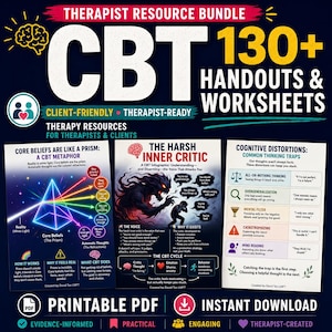 May include: A digital therapist resource bundle featuring 130+ handouts and worksheets. The graphic displays three informational posters titled Core Beliefs Are Like a Prism, The Harsh Inner Critic, and Cognitive Distortions: Common Thinking Traps.