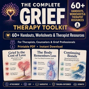 Grief / Loss Themed Multi Theory Therapy Client Handout Worksheet Infographic Resource bundle for Therapists + Psychoeducation for clients.