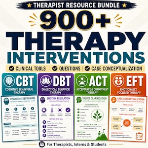 May include: A digital therapist resource bundle titled 900+ Therapy Interventions. It features sections for CBT, DBT, ACT, and EFT, including clinical tools, questions, and case conceptualization charts for therapists, interns, and students.