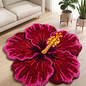 Red Pink Flower Rug Tufted Rug Irregular Rug Funky Rug Cute Room Decor Aesthetic Area Rug Flower Carpet Shaggy Tuft Rug Handcrafted