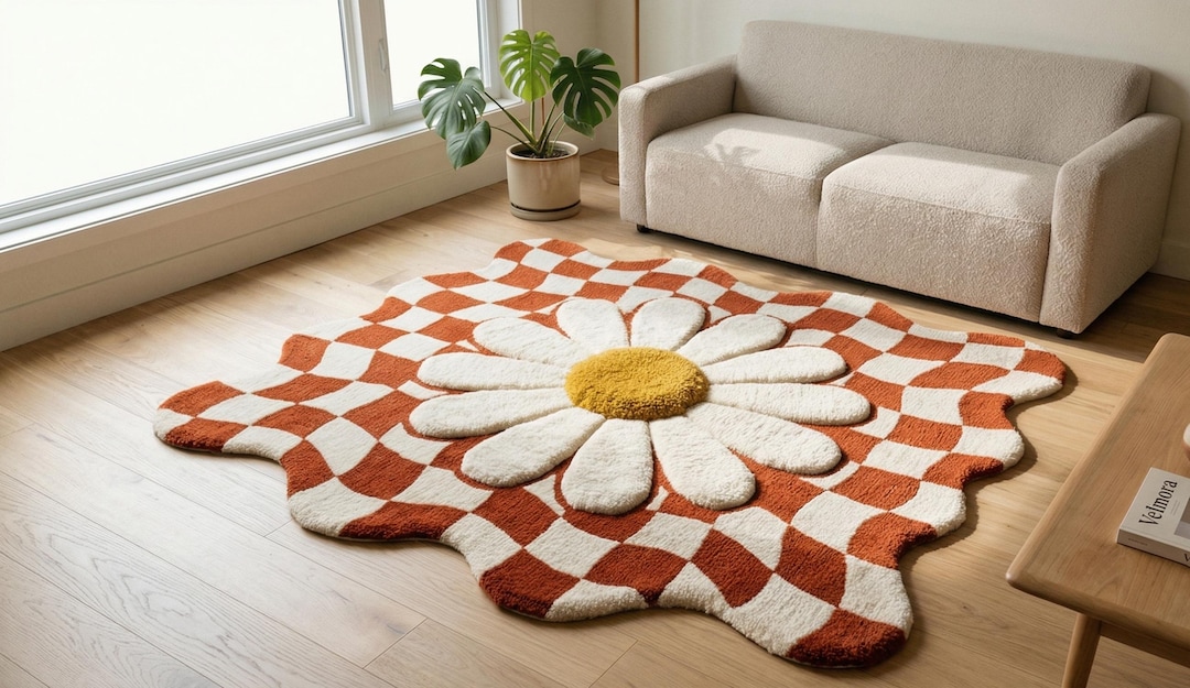 Melted Checkerboard Daisy Rug – Irregular Wavy Flower Rug – 8x10 Hand ...