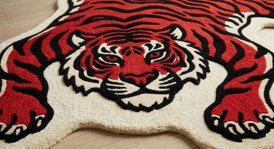 Red Animal Rug Irregular 3D Tiger Wool Rug | Modern Red and Cream Hand Tufted Area Rug ...