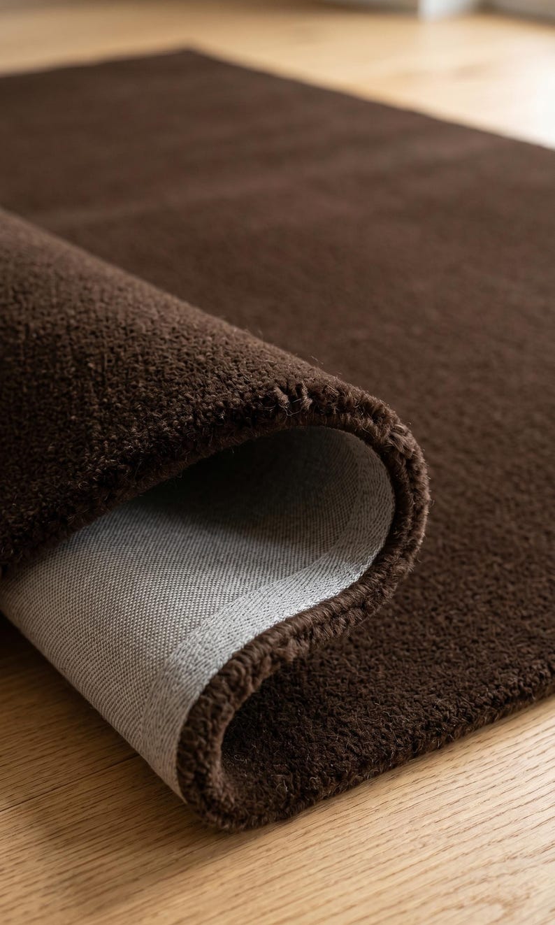 Full overhead view of this solid brown area rug, an authentic hand-tufted premium Wollteppich featuring a rich chocolate tone and dense plush texture.