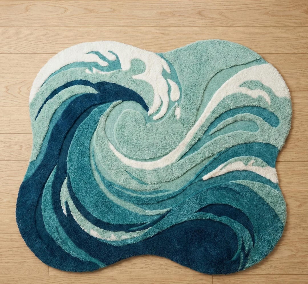 Ocean Wave Hand Tufted Rug | Teal Navy Irregular Coastal Rug | Velmora ...