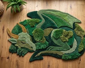 Moosgrüner Drachenteppich Getufteter Teppich Unregelmäßiger Teppich 3D-Skulptierte Fantasie ästhetische Teppiche Mythischer Tierdruck Kundenspezifische Teppiche Handgefertigt