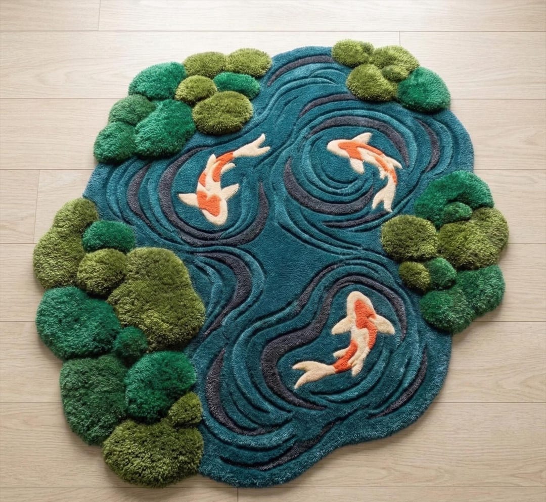 Pond Rug Abstract Koi Fish Pond Rug, 3D Irregular Hand Tufted Wool Area Rug, Japanese ...