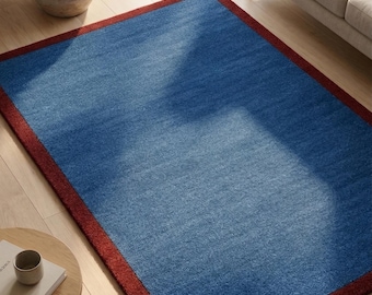 Handcrafted Rugs – Blue Rug with Burgundy Border – Custom Hand Tufted New Zealand Wool Area Rug – Scandanavian Aesthetic Carpet – 8x10 Rugs