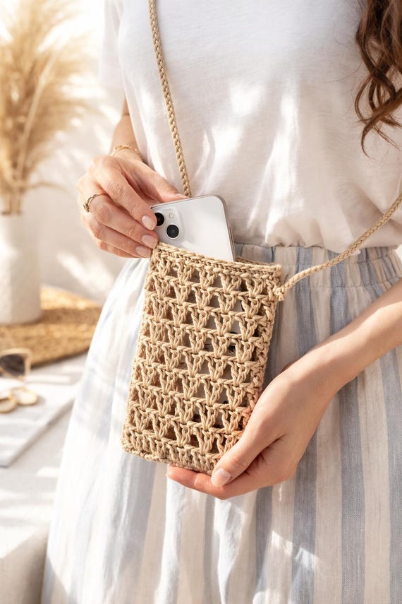 Crochet Phone Bag PDF Pattern with Video Tutorial, Raffia Crossbody Pouch Pattern, Digital Download
