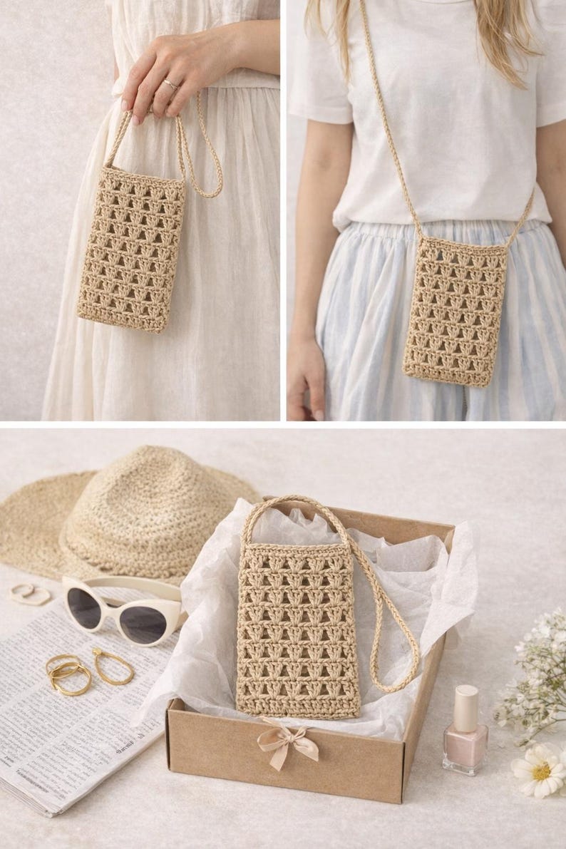 Pu&ograve; includere: Borsa per telefono all'uncinetto beige con una lunga tracolla, mostrata in pi&ugrave; contesti. La borsa ha una forma rettangolare con un design a trama aperta. Gli accessori includono un cappello di paglia, occhiali da sole e anelli. La borsa &egrave; esposta in una scatola.