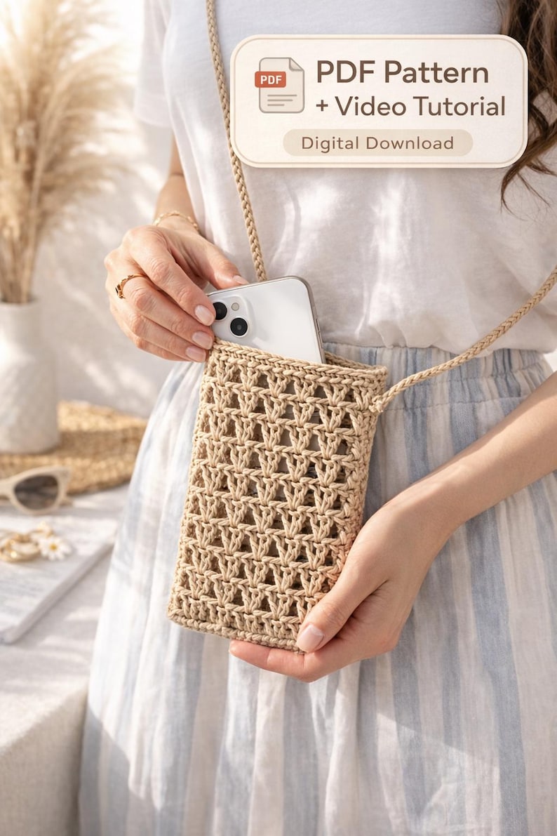 May include: A beige crochet phone crossbody bag with a woven pattern. The bag has a long strap and holds a white smartphone. Text on the image reads "PDF Pattern + Video Tutorial Digital Download."
