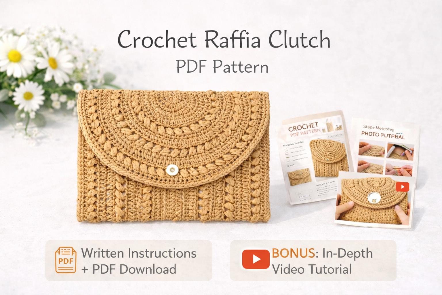 Crochet Raffia Clutch Bag PDF Pattern + Video Tutorial, Beginner ...