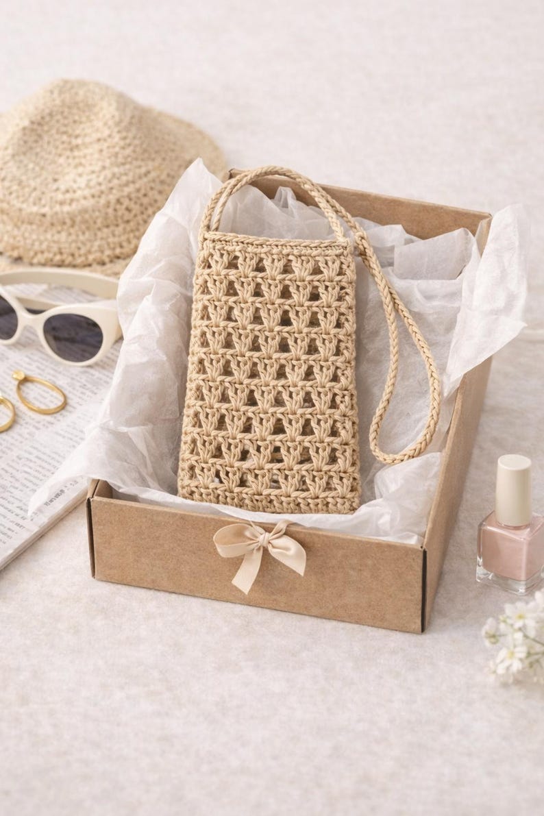 Pu&ograve; includere: Una borsa per telefono all'uncinetto beige con una lunga tracolla, presentata in una scatola marrone con un fiocco. Sono visibili anche un cappello di paglia, occhiali da sole e smalto per unghie, suggerendo un tema estivo.