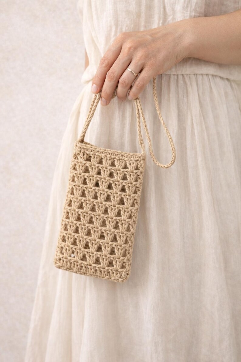 Pu&ograve; includere: Una borsa per telefono beige all'uncinetto con una lunga tracolla. La borsa ha una forma rettangolare con un design a trama aperta. La tracolla &egrave; realizzata con lo stesso materiale della borsa. La borsa &egrave; tenuta da una persona che indossa un vestito bianco.
