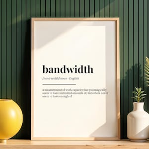 Puede incluir: Un cuadro con la palabra "bandwidth" en negro y su definición. El marco es de madera clara, el fondo es blanco. Un jarrón amarillo y jarrones blancos con vegetación están en primer plano, contra una pared verde.
