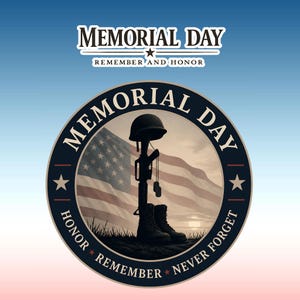 Puede incluir: Una pegatina del Día de los Caídos con un diseño patriótico. La imagen presenta una silueta de un rifle, casco y botas frente a una bandera estadounidense. El texto dice "Memorial Day, Remember and Honor."