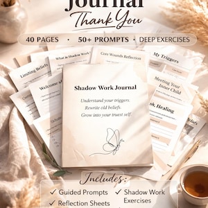Könnte beinhalten: Ein Shadow Work Journal mit dem Text "Thank You" und den Wörtern "40 Seiten", "50+ Prompts" und "Deep Exercises". Das Journal enthält geführte Eingabeaufforderungen, Reflexionsbögen, Shadow Work-Übungen und Journaling-Seiten. Ein digitaler Download und ein druckbares PDF.