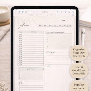 Könnte beinhalten: Ein digitaler Tagesplaner, der auf einem iPad angezeigt wird. Der Planer enthält Abschnitte für Zeit, Aktivitäten und Notizen, mit dem Text "Minimal Digital Daily Planner" oben. Das Design ist ästhetisch und mit GoodNotes kompatibel.