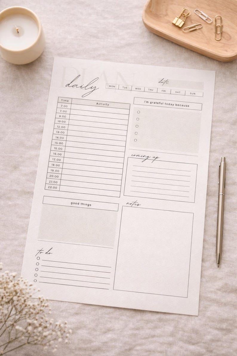 May include: A white daily planner sheet with sections for time, activity, and notes. The planner includes sections for "I'm grateful today because," "coming up," and "to do." A silver pen, a candle, and stationery are also visible.