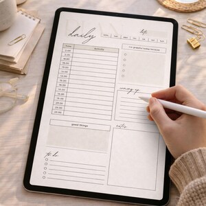 May include: A digital tablet displaying a daily planner layout. The screen features sections for time, activities, and notes, with the word "daily" at the top. A stylus is used to write on the screen. The overall theme is organization and planning.