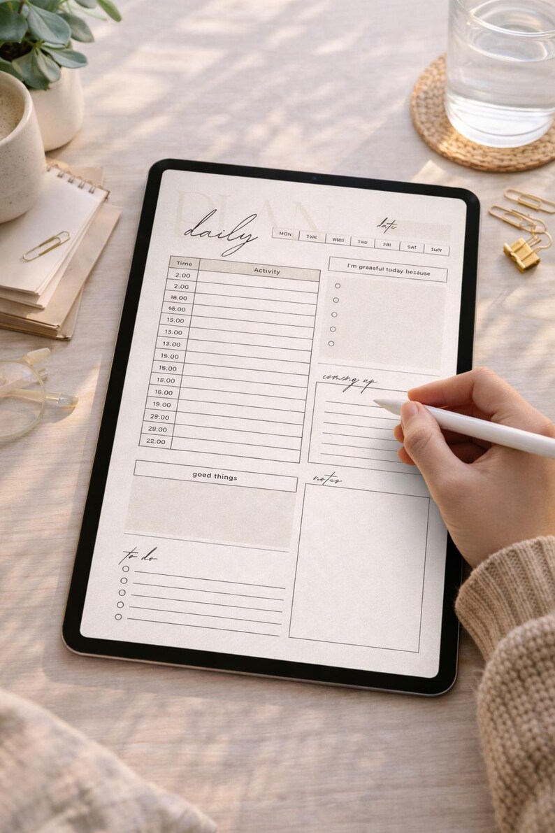 May include: A digital tablet displaying a daily planner layout. The screen features sections for time, activities, and notes, with the word "daily" at the top. A stylus is used to write on the screen. The overall theme is organization and planning.