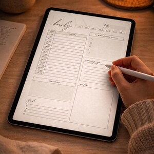 May include: A digital tablet displaying a daily planner layout with sections for time, activity, and notes. The word "daily" is written at the top. A hand holding a stylus is writing on the screen. The tablet is on a wooden surface.