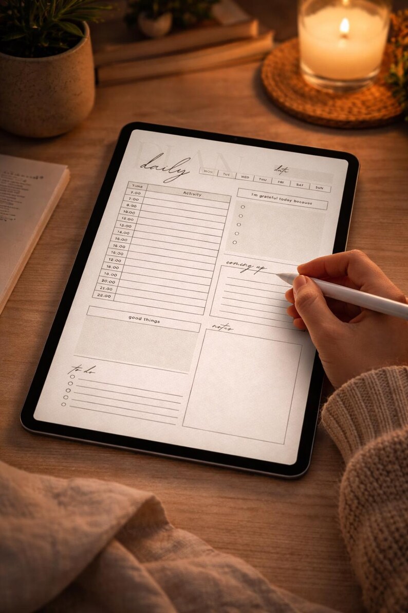 May include: A digital tablet displaying a daily planner layout with sections for time, activity, and notes. The word "daily" is written at the top. A hand holding a stylus is writing on the screen. The tablet is on a wooden surface.