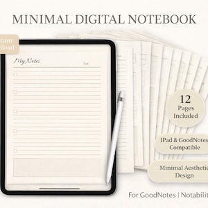 Könnte beinhalten: Ein digitales Notizbuch auf einem Tablet mit Stift, zusammen mit einem Stapel loser Seiten. Das Notizbuch zeigt linierte Seiten mit dem Text "My Notes". Zusätzlicher Text enthält "Minimal Digital Notebook", "12 Pages Included" und "Minimal Aesthetic Design".