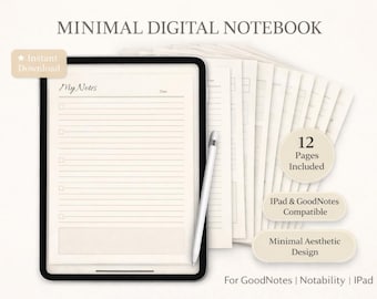 Minimal Digital Notebook for iPad, Aesthetic Notes Journal, GoodNotes and Notability Planner, 12 Page Hyperlinked PDF, Instant Download
