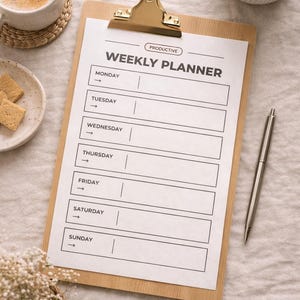 K&ouml;nnte beinhalten: Ein Holz-Klemmbrett mit einem "WEEKLY PLANNER"-Blatt, einem Stift und einer Tasse Kaffee. Der Planer hat Abschnitte f&uuml;r jeden Wochentag. Ein kleiner Teller mit Keksen und eine kleine Pflanze sind ebenfalls im Bild.