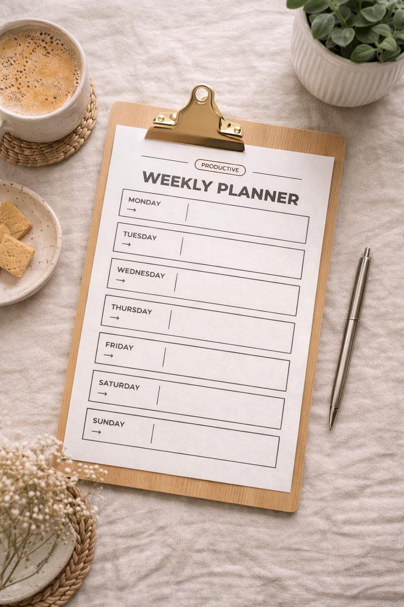 K&ouml;nnte beinhalten: Ein Holz-Klemmbrett mit einem "WEEKLY PLANNER"-Blatt, einem Stift und einer Tasse Kaffee. Der Planer hat Abschnitte f&uuml;r jeden Wochentag. Ein kleiner Teller mit Keksen und eine kleine Pflanze sind ebenfalls im Bild.