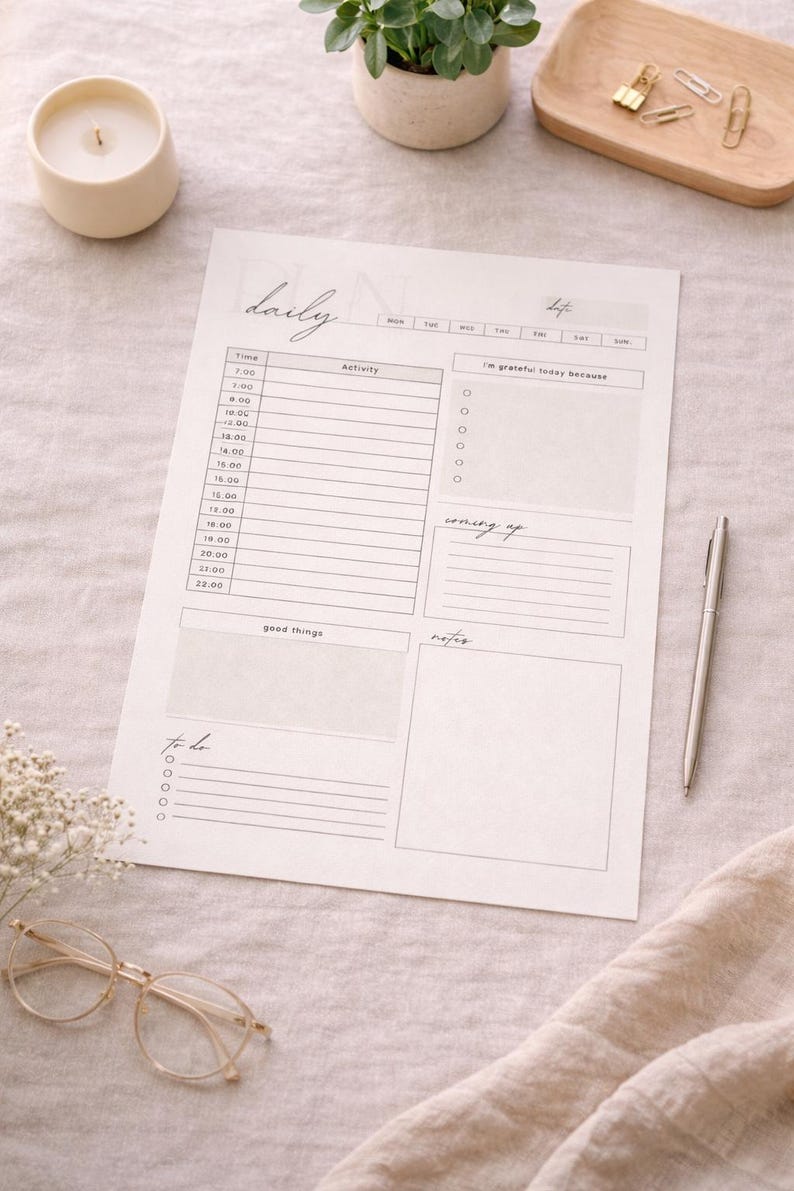 May include: A daily planner sheet with the word "daily" in script. The planner includes sections for time, activity, gratitude, and notes. A silver pen, glasses, and a candle are also present.