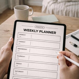 K&ouml;nnte beinhalten: Ein digitaler Wochenplaner auf einem Tablet. Der Bildschirm zeigt ein Layout f&uuml;r jeden Wochentag, mit dem Wort "Produktiv" oben. Ein Stift wird &uuml;ber dem Bildschirm gehalten. Eine Kaffeetasse und ein Notizbuch sind in der N&auml;he.