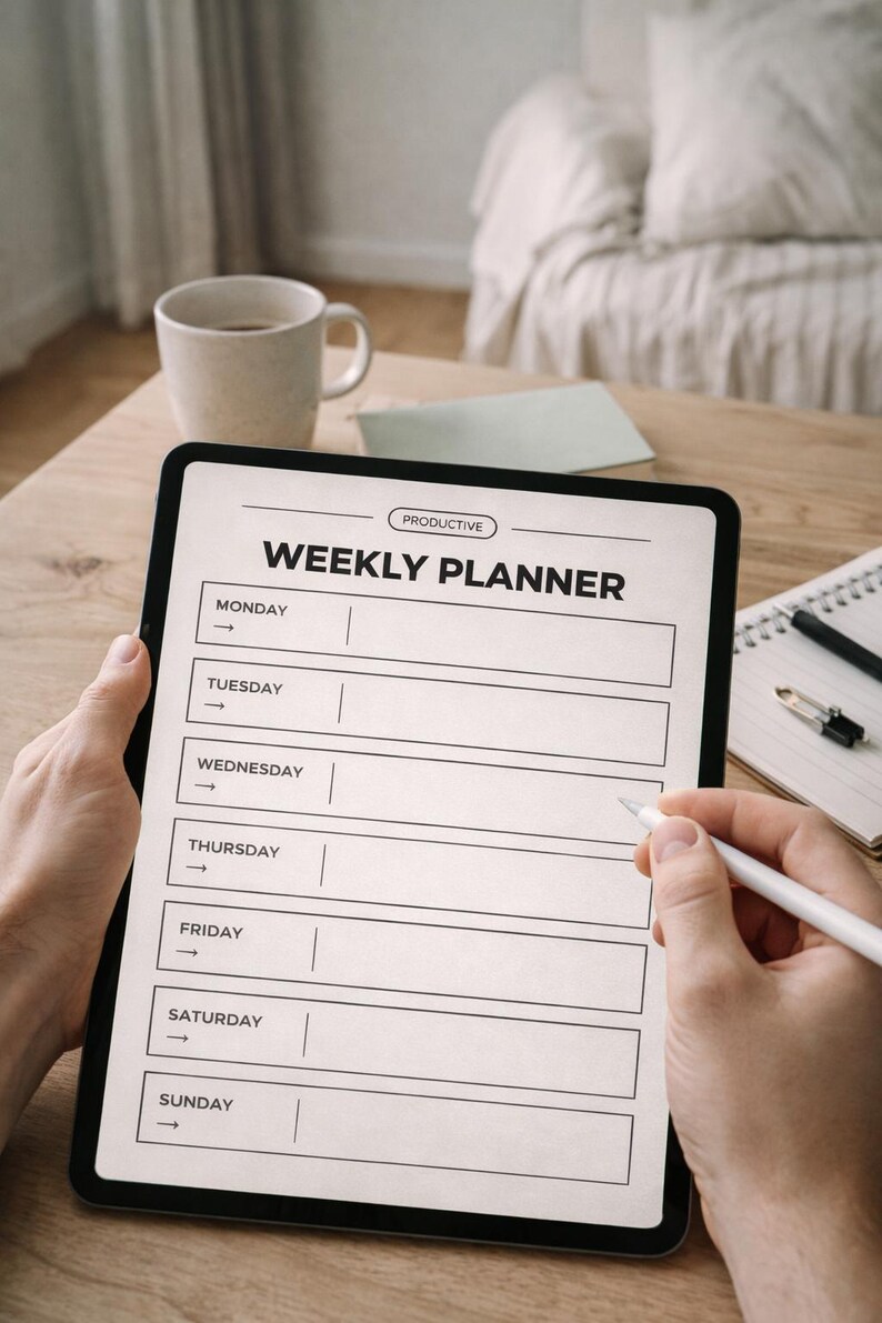 K&ouml;nnte beinhalten: Ein digitaler Wochenplaner auf einem Tablet. Der Bildschirm zeigt ein Layout f&uuml;r jeden Wochentag, mit dem Wort "Produktiv" oben. Ein Stift wird &uuml;ber dem Bildschirm gehalten. Eine Kaffeetasse und ein Notizbuch sind in der N&auml;he.