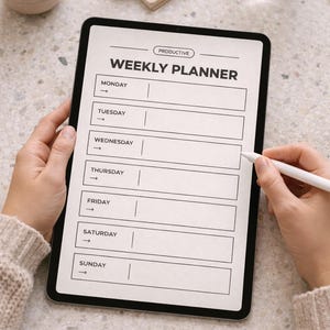 K&ouml;nnte beinhalten: Ein digitales Tablet mit einem Wochenplaner, &uuml;ber dem Titel steht das Wort "Produktiv". Der Planer hat Abschnitte f&uuml;r jeden Wochentag. Ein wei&szlig;er Stift wird in der N&auml;he des Bildschirms gehalten. Ein Notizbuch, eine goldene B&uuml;roklammer und eine kleine Pflanze befinden sich im Hintergrund.