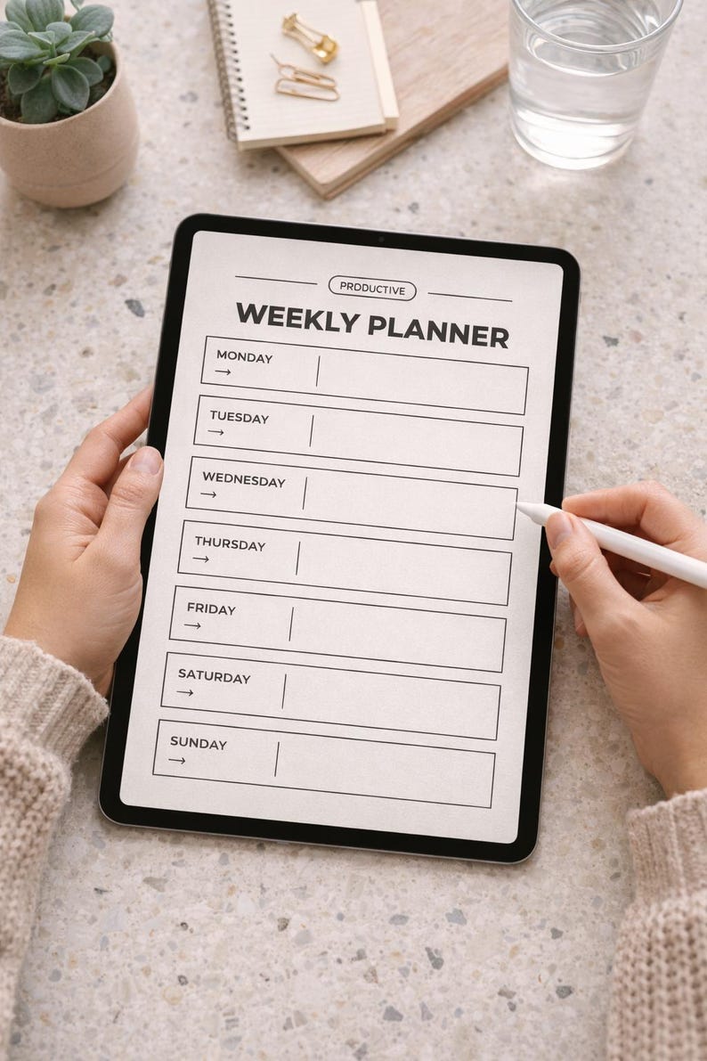 K&ouml;nnte beinhalten: Ein digitales Tablet mit einem Wochenplaner, &uuml;ber dem Titel steht das Wort "Produktiv". Der Planer hat Abschnitte f&uuml;r jeden Wochentag. Ein wei&szlig;er Stift wird in der N&auml;he des Bildschirms gehalten. Ein Notizbuch, eine goldene B&uuml;roklammer und eine kleine Pflanze befinden sich im Hintergrund.