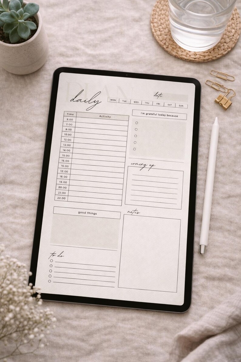 May include: A digital daily planner on a black tablet, featuring sections for time, activity, and notes. The planner includes the text "daily" and "date", with checkboxes and space for "good things" and "to do". A white stylus rests beside the tablet.