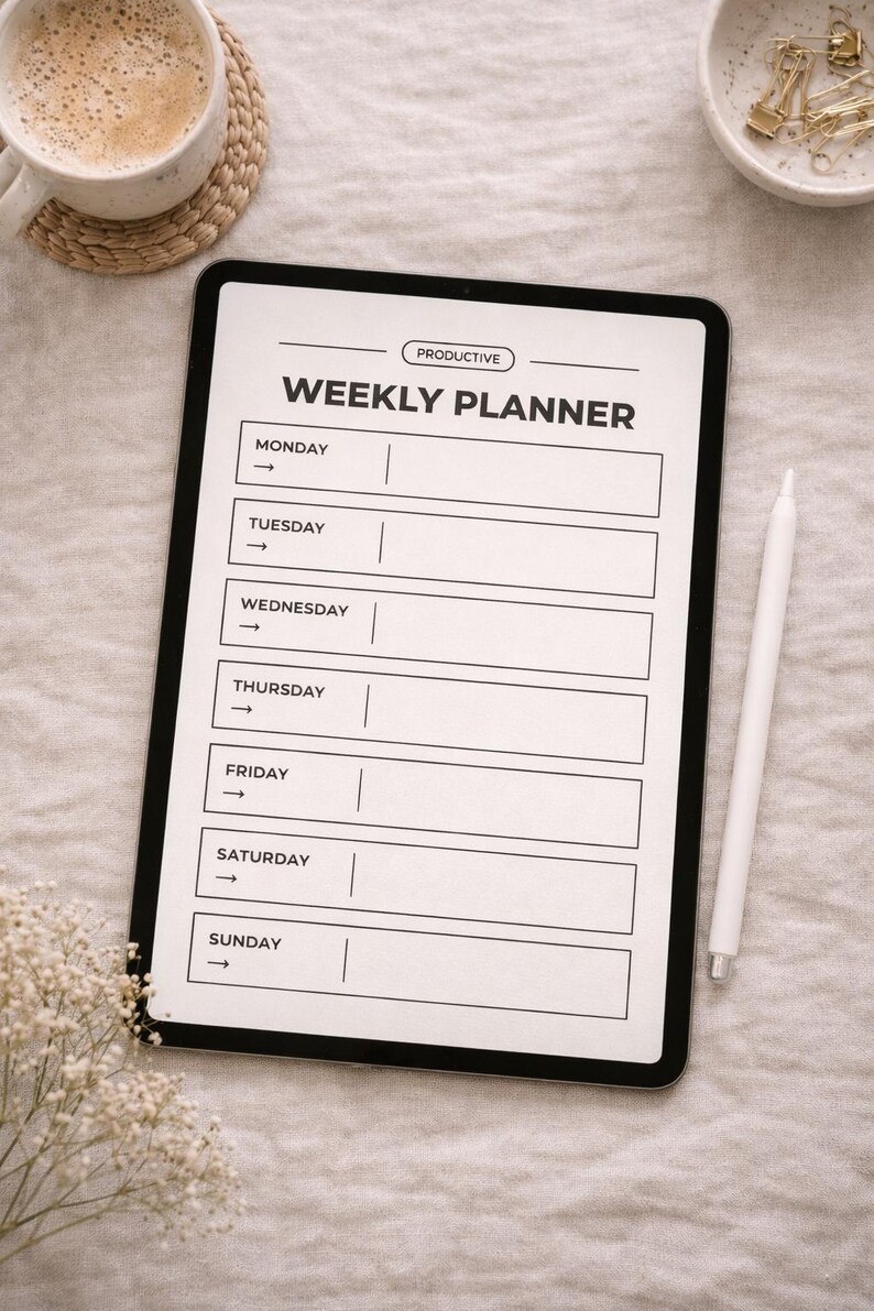 K&ouml;nnte beinhalten: Ein schwarzes Tablet mit einem "WOCHENPLANER"-Layout mit Abschnitten f&uuml;r jeden Wochentag. Ein wei&szlig;er Stift liegt neben dem Tablet. Eine Tasse Kaffee und dekorative Gegenst&auml;nde befinden sich im Hintergrund.