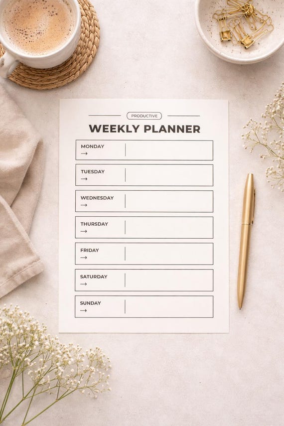 Minimalist Weekly Planner Printable | Aesthetic Productivity Planner | Monday–Sunday Digital Download | PDF Planner for Work & School